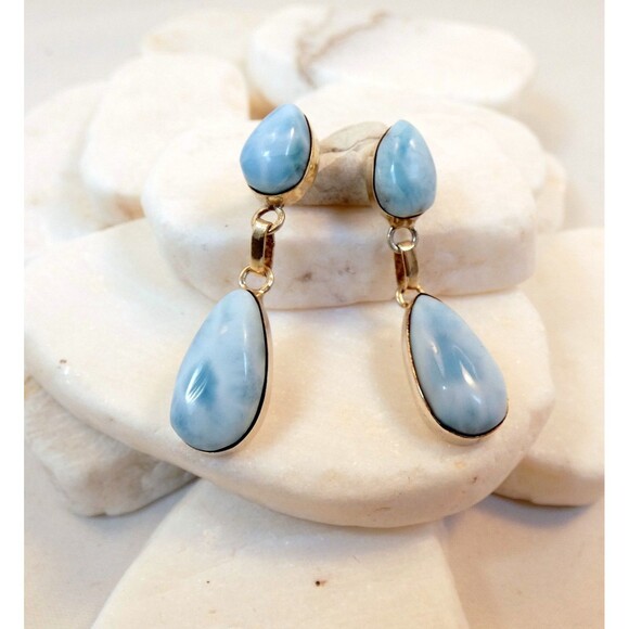 Larimar Sterling Silver Earrings Natural Vintage Blue Dolphin Stone Pectolite - Picture 3 of 6